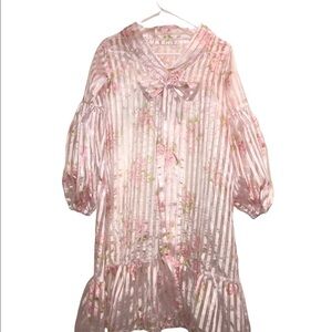 Floral Stripe Sheer Large Bow Neckline Balloon Sleeve Ruffle Dress Pink Green
